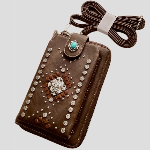 American Bling Handbags - American Bling Crossbody Wallet & Phone Bag Aztec Rhinestone Stud Turquoise NWT